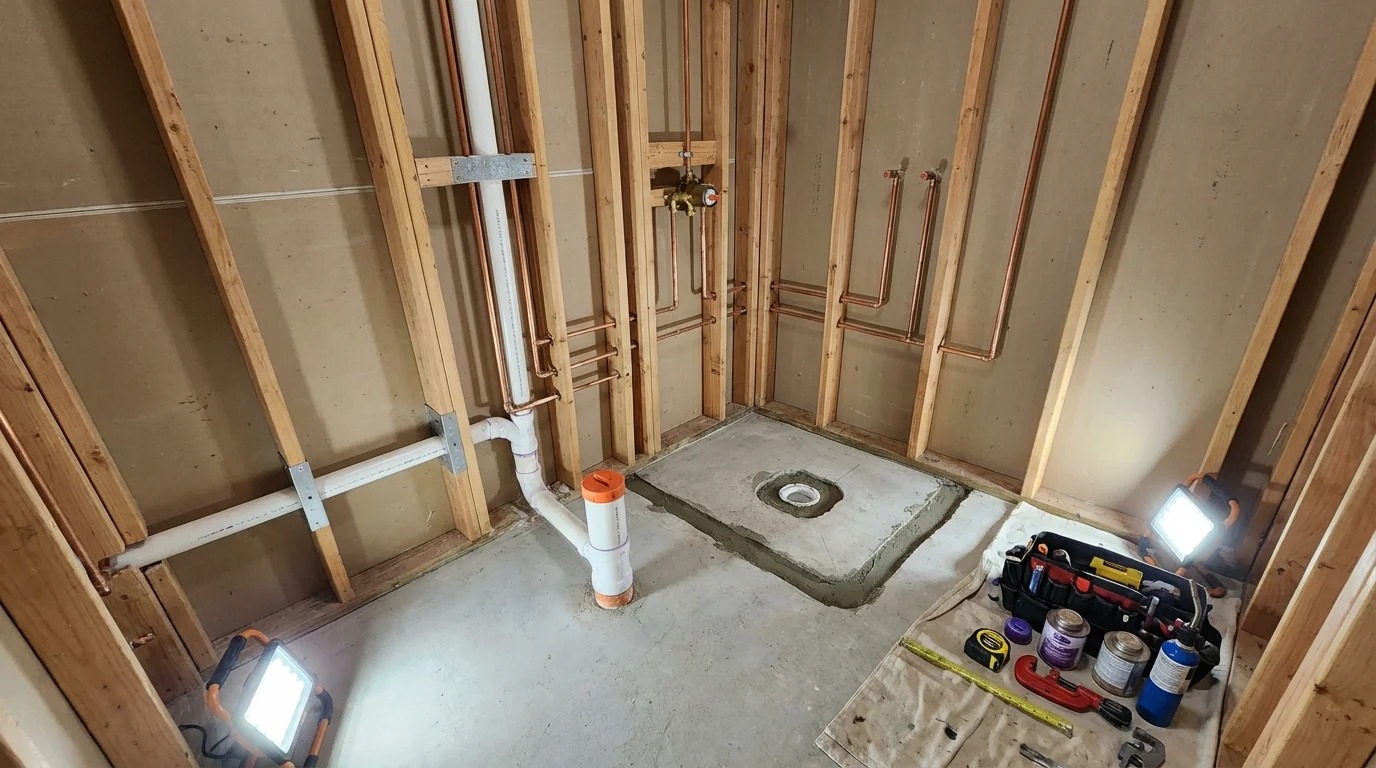 Bathroom rough-in plumbing during remodel by Johns Plumbing LLC in Miamitown