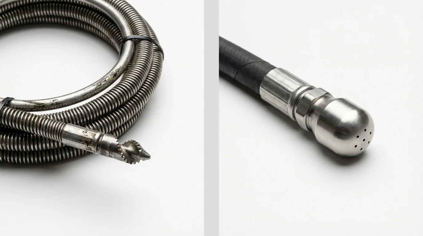 Drain snake cable and hydro jetting nozzle used for drain cleaning in Miamitown, OH