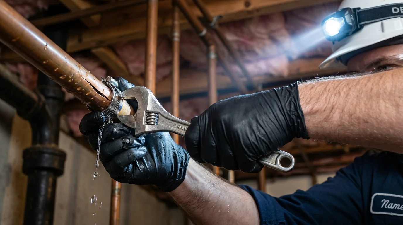 Emergency pipe clamp repair being performed by a Johns Plumbing LLC plumber in Miamitown