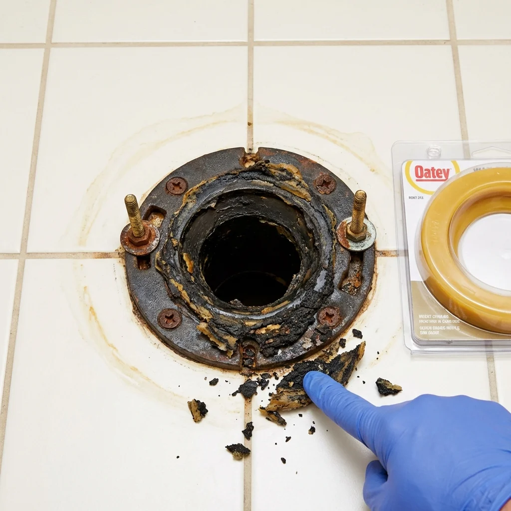 Failed wax ring showing water seepage at the base of a toilet in a Miamitown, OH home