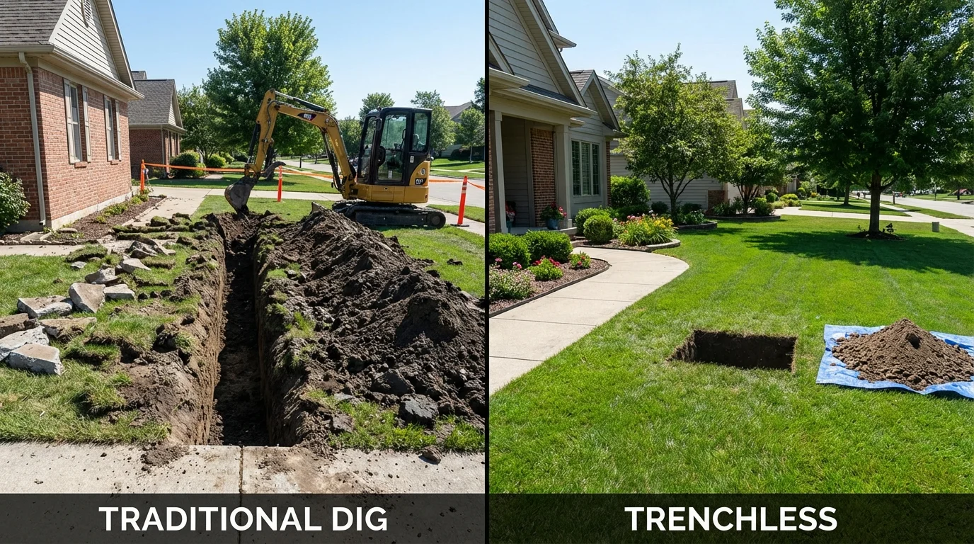 Trenchless sewer repair with minimal yard damage versus traditional excavation in Miamitown, OH